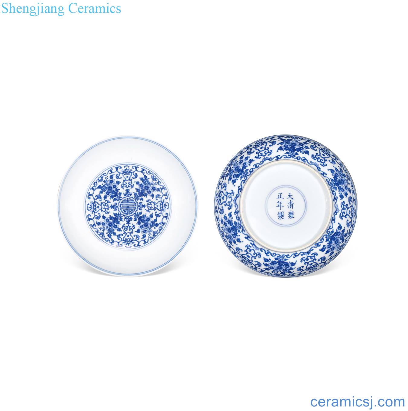 Qing yongzheng Blue and white tie up flower bouquet long-lived plate