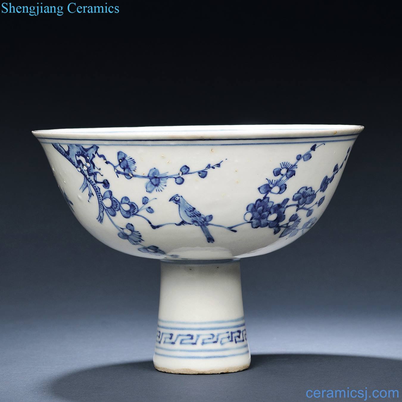 Ming dynasty Blue and white figure footed bowl mei magpie