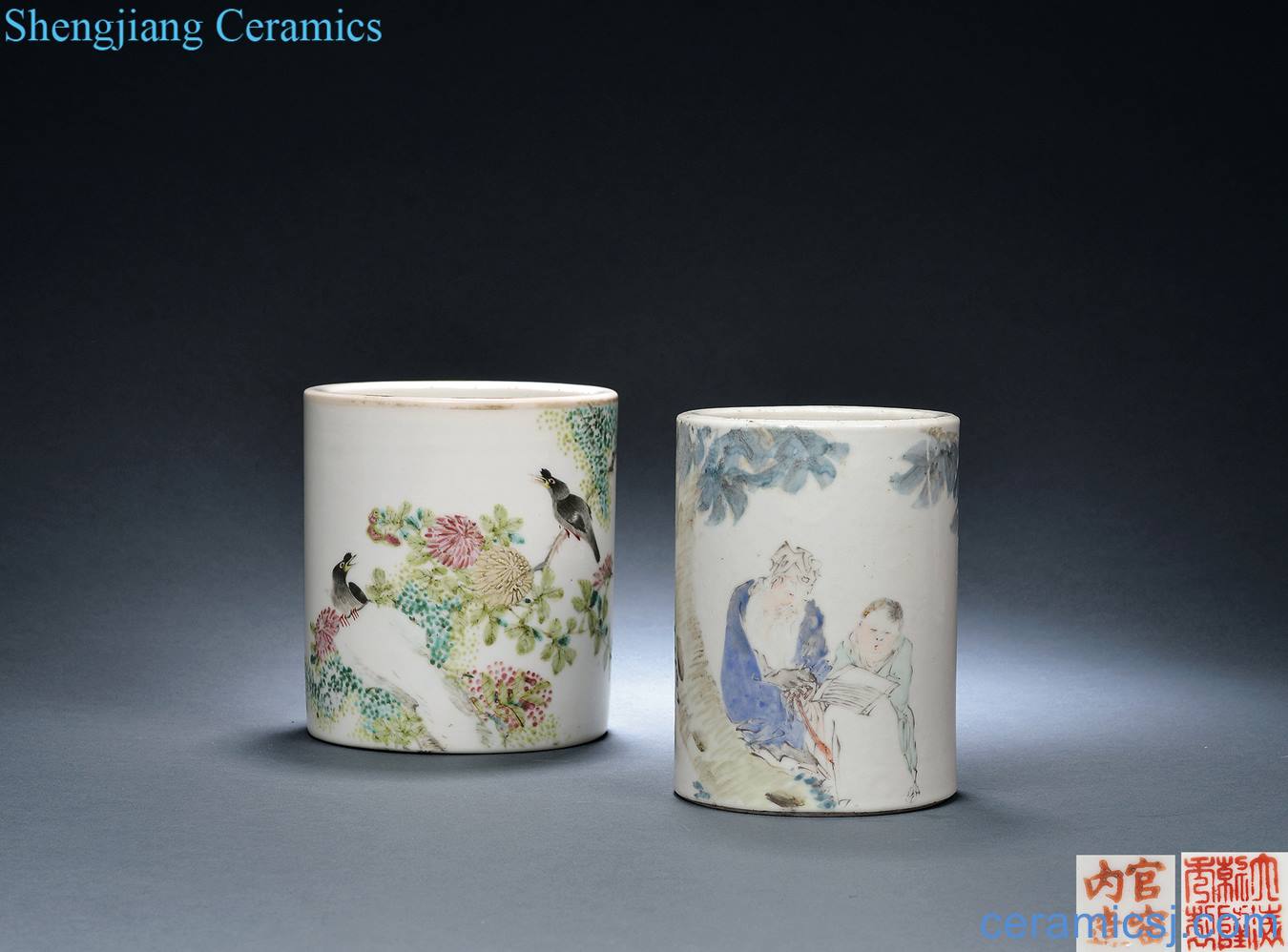 Qing guangxu Zhu Shaoquan, liang Ken hall painted light purple color of flowers and birds, characters pen container (2)