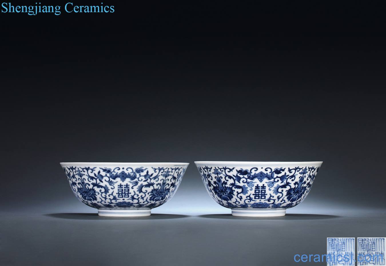 Qing daoguang Blue and white tie up branch lotus happy character large bowl of (a)