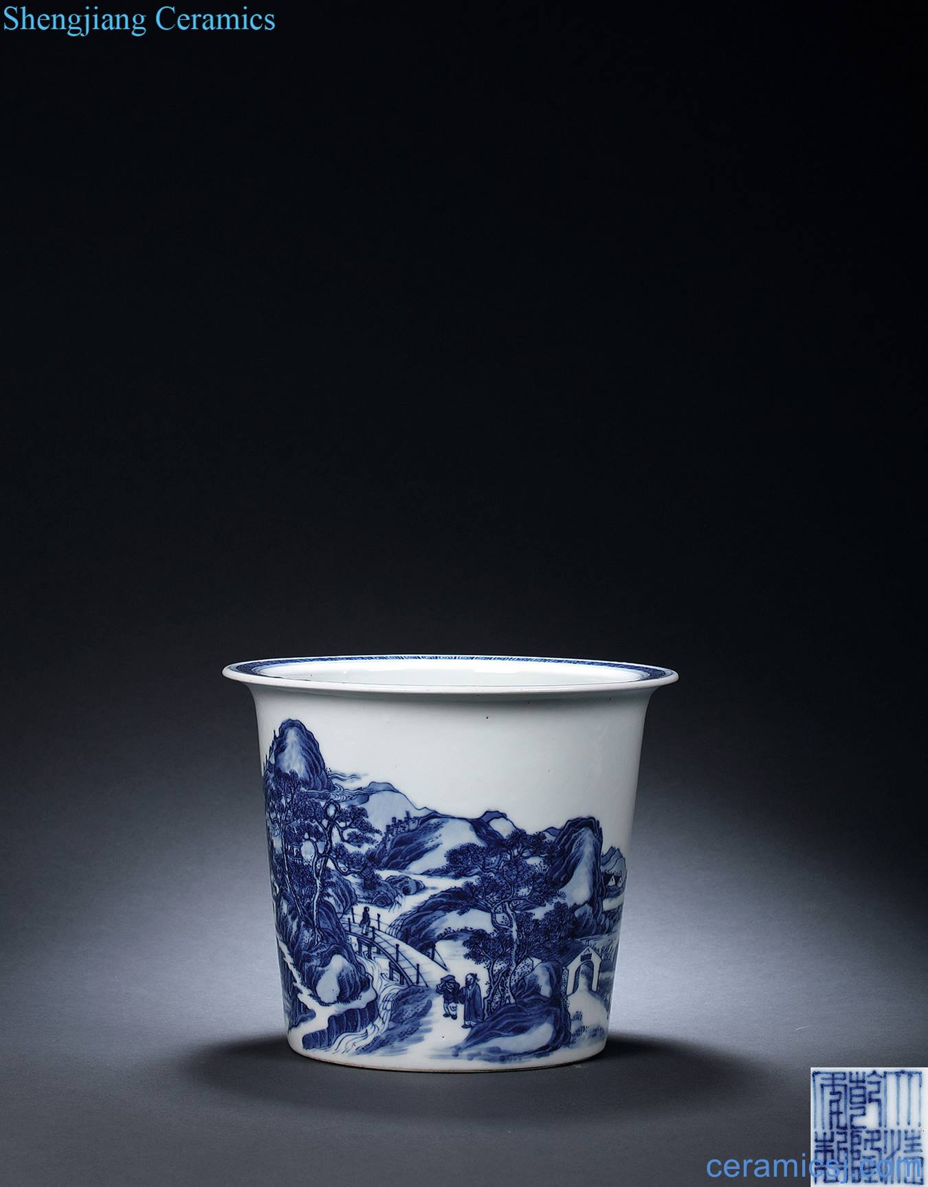 Qing guangxu Blue cross landscape flower pot