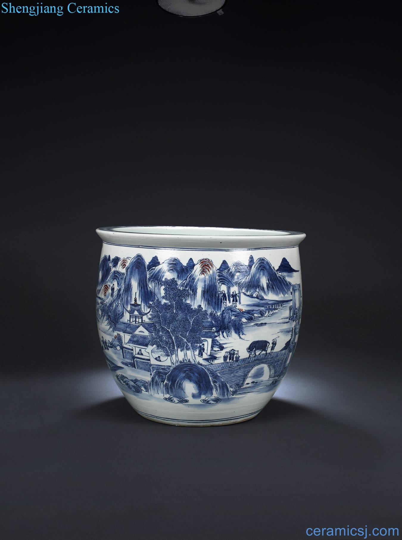 Qing guangxu Blue and white youligong jingshan water character volume cylinder