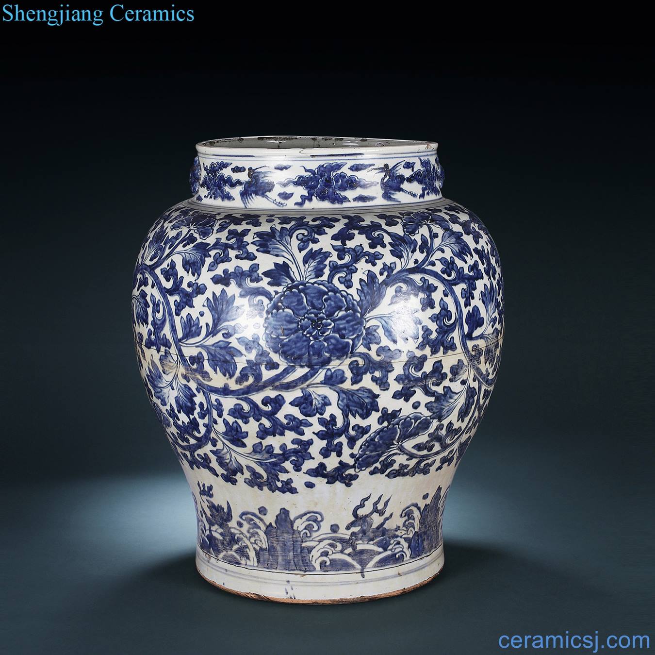 Qing shunzhi Blue and white tie up branch large pot of flowers