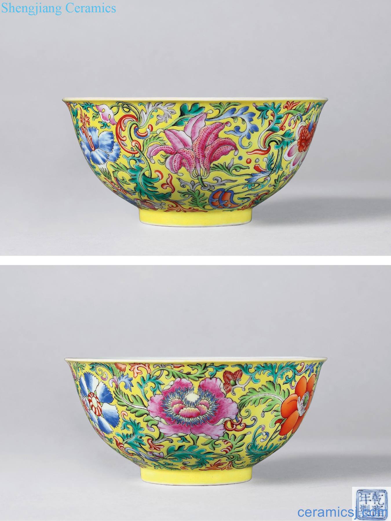Qing emperor qianlong five bats bowl to color the flowers yellow