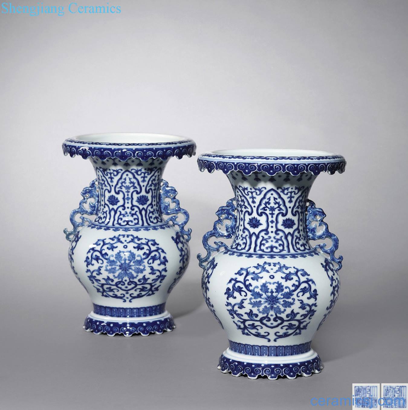 Qing qianlong Blue and white lotus ssangyong ear ruyi clouds bottle mouth (a)