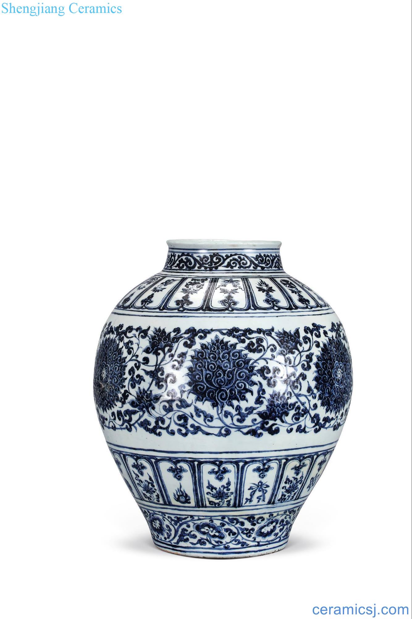 Yuan - Ming hongwu Blue and white tie up branch large pot of flowers