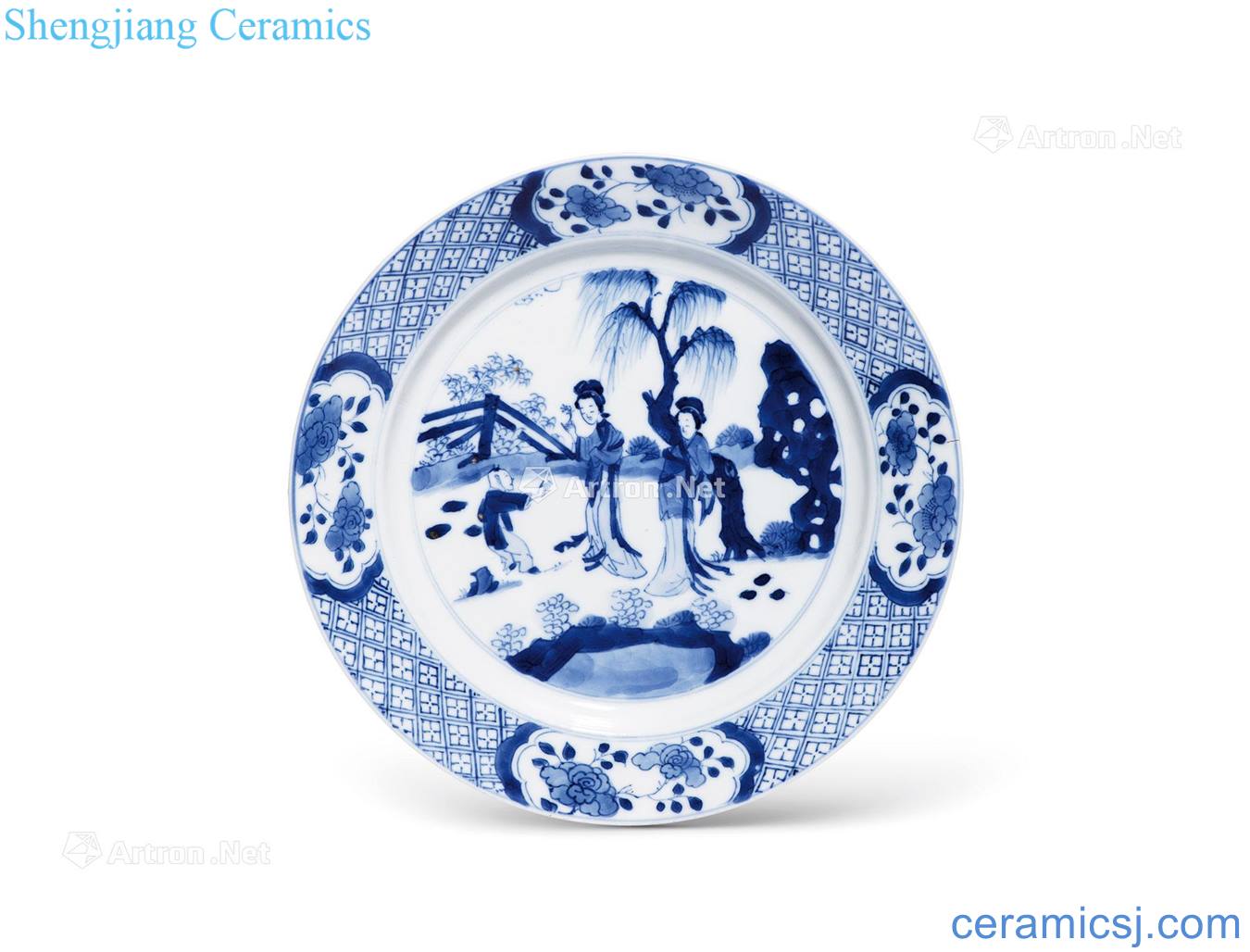 The qing emperor kangxi Blue and white lady baby play figure fold along the plate
