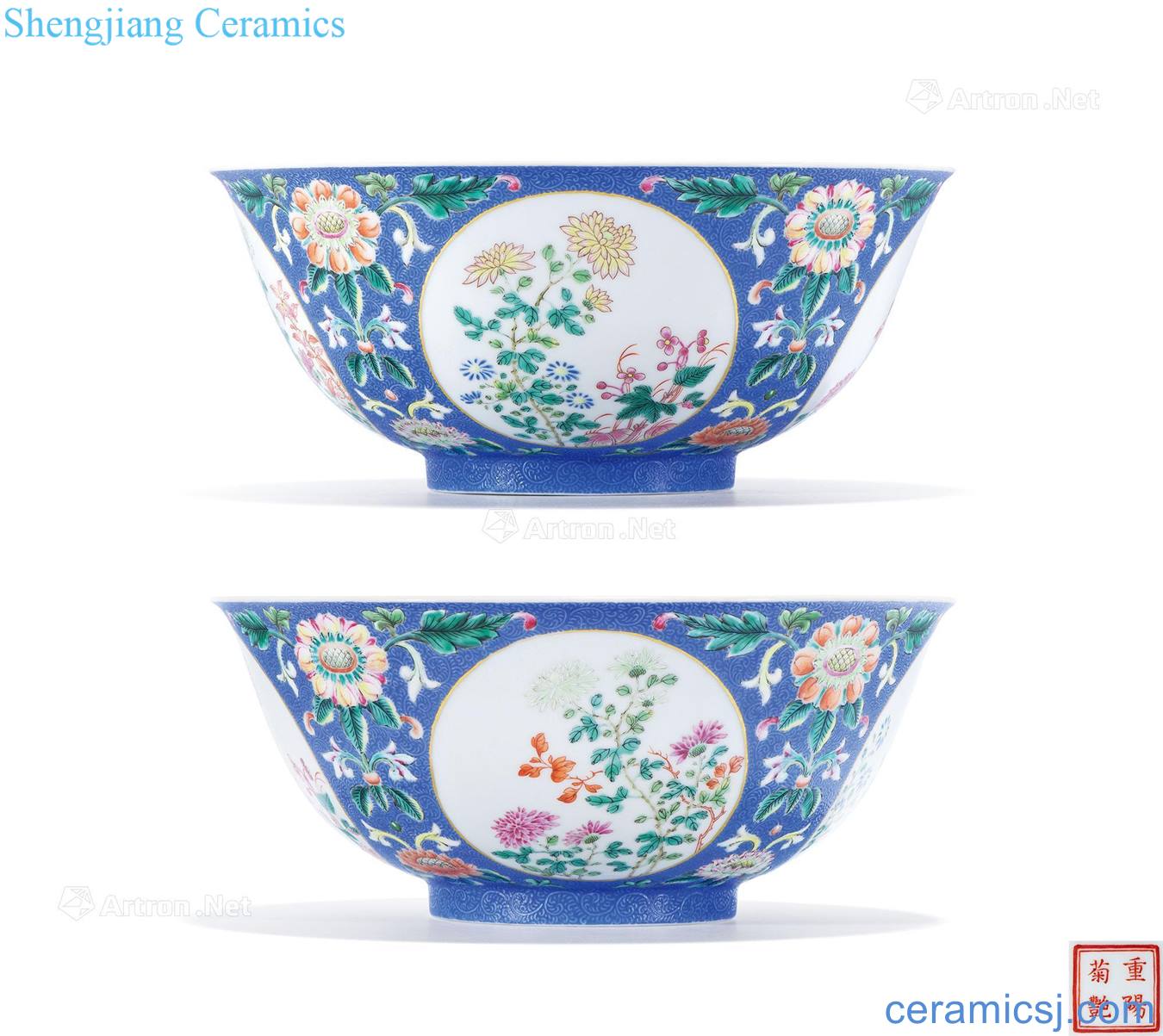 Qing qianlong, jiaqing blue ground rolling way within the famille rose medallion chrysanthemum lines outside the double ninth festival queen's bowl