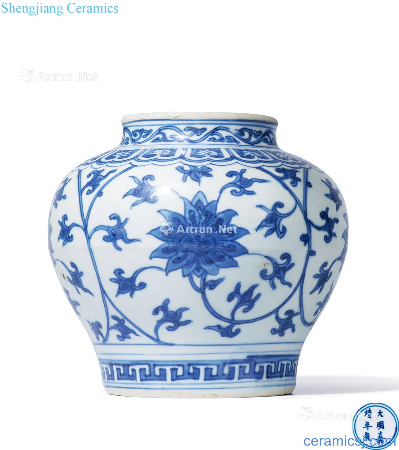 Ming jiajing Blue and white tie up flower grain tank