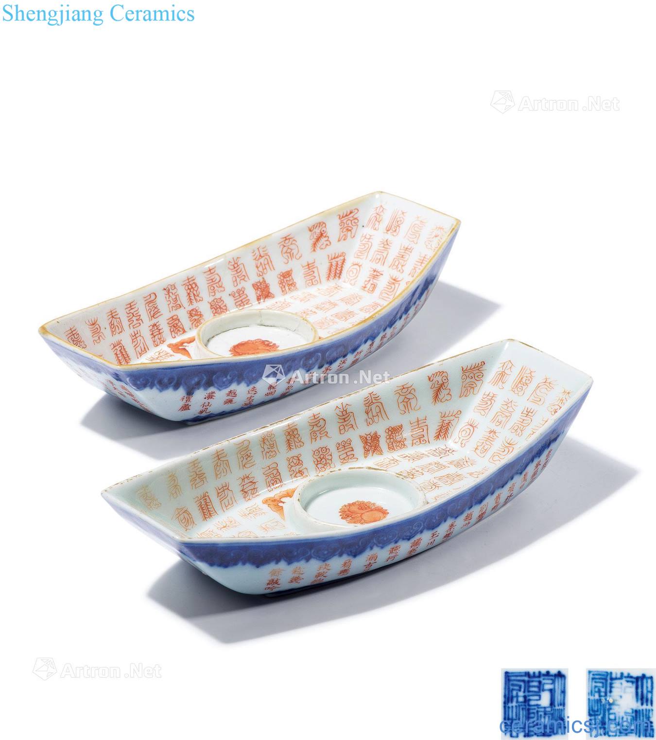 Qing qianlong Blue and white alum red tea poetry ship (a)