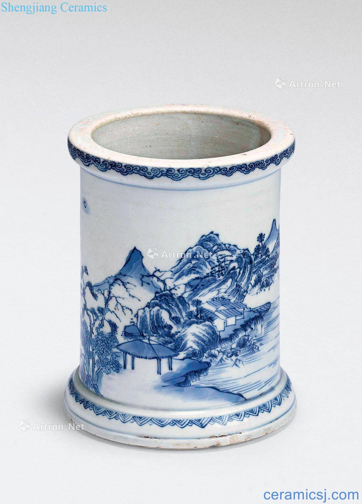 Qing qianlong Blue and white landscape pen container