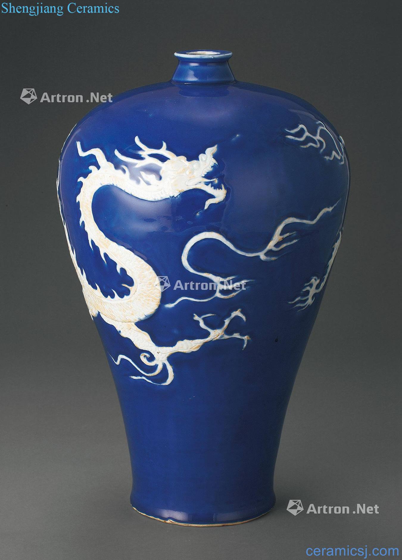 Early Ming ji blue glaze embossment dragon plum bottle