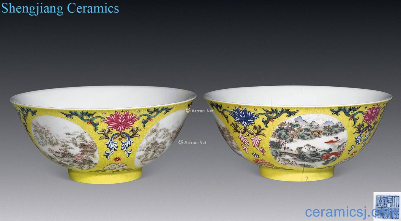 Qing qianlong to pastel yellow box open landscape green-splashed bowls (a)