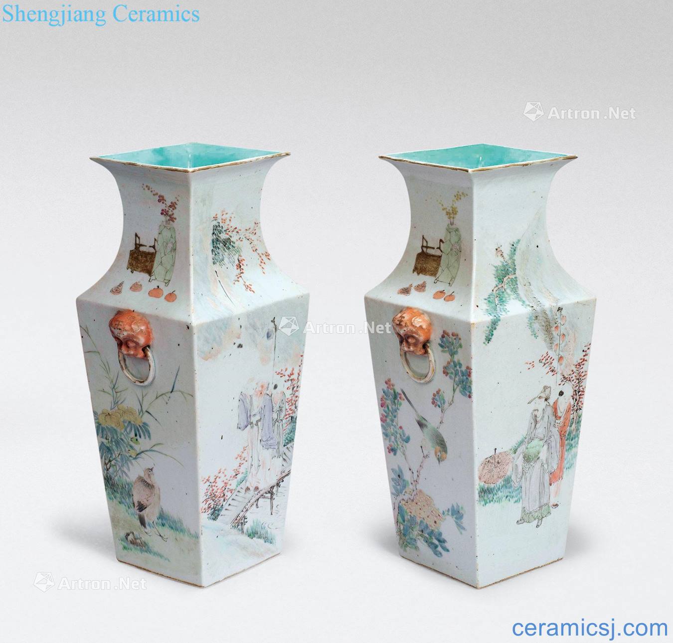 qing Shallow purple flowers and birds characters square bottle (a)