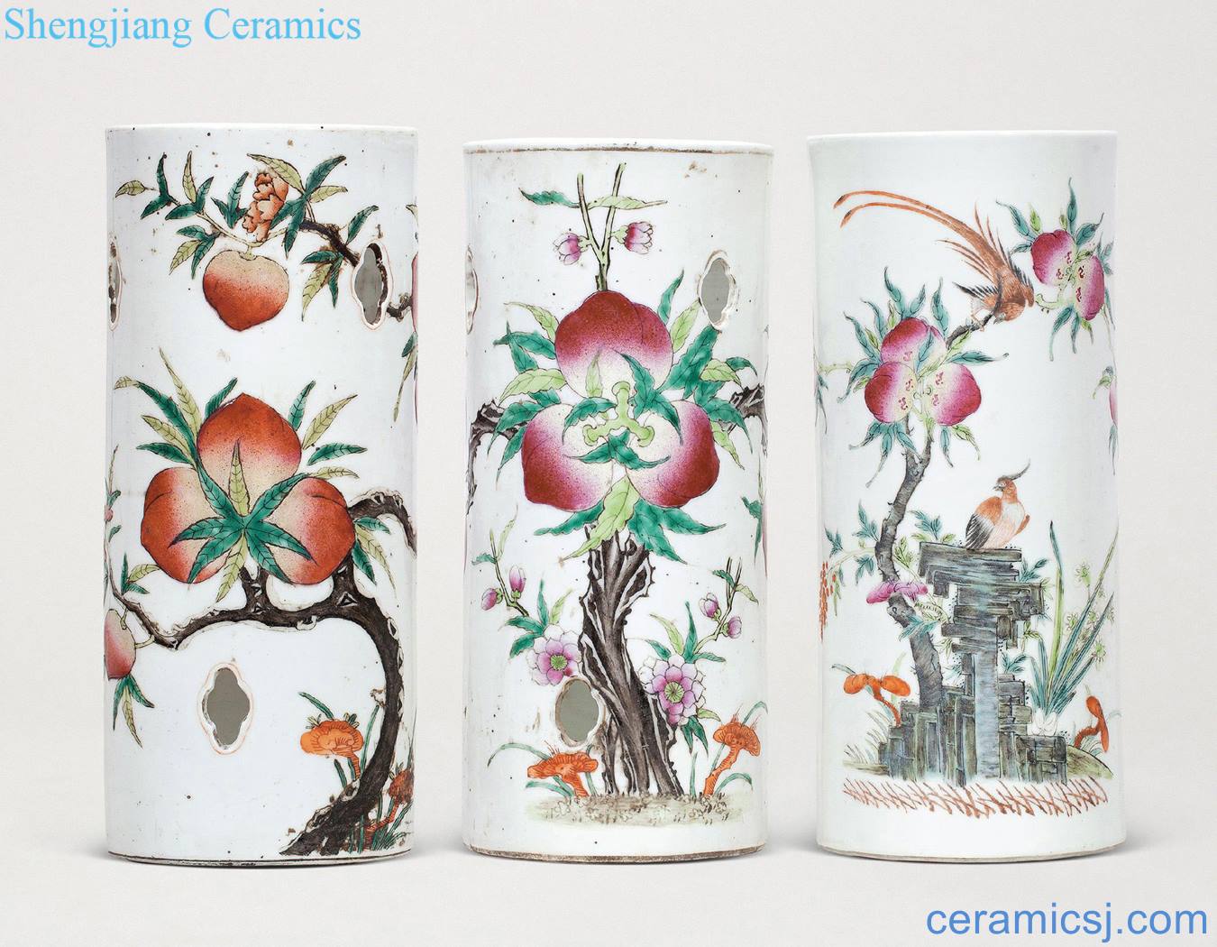 In late qing, the republic of China pastel peach figure nine cap tube (three)