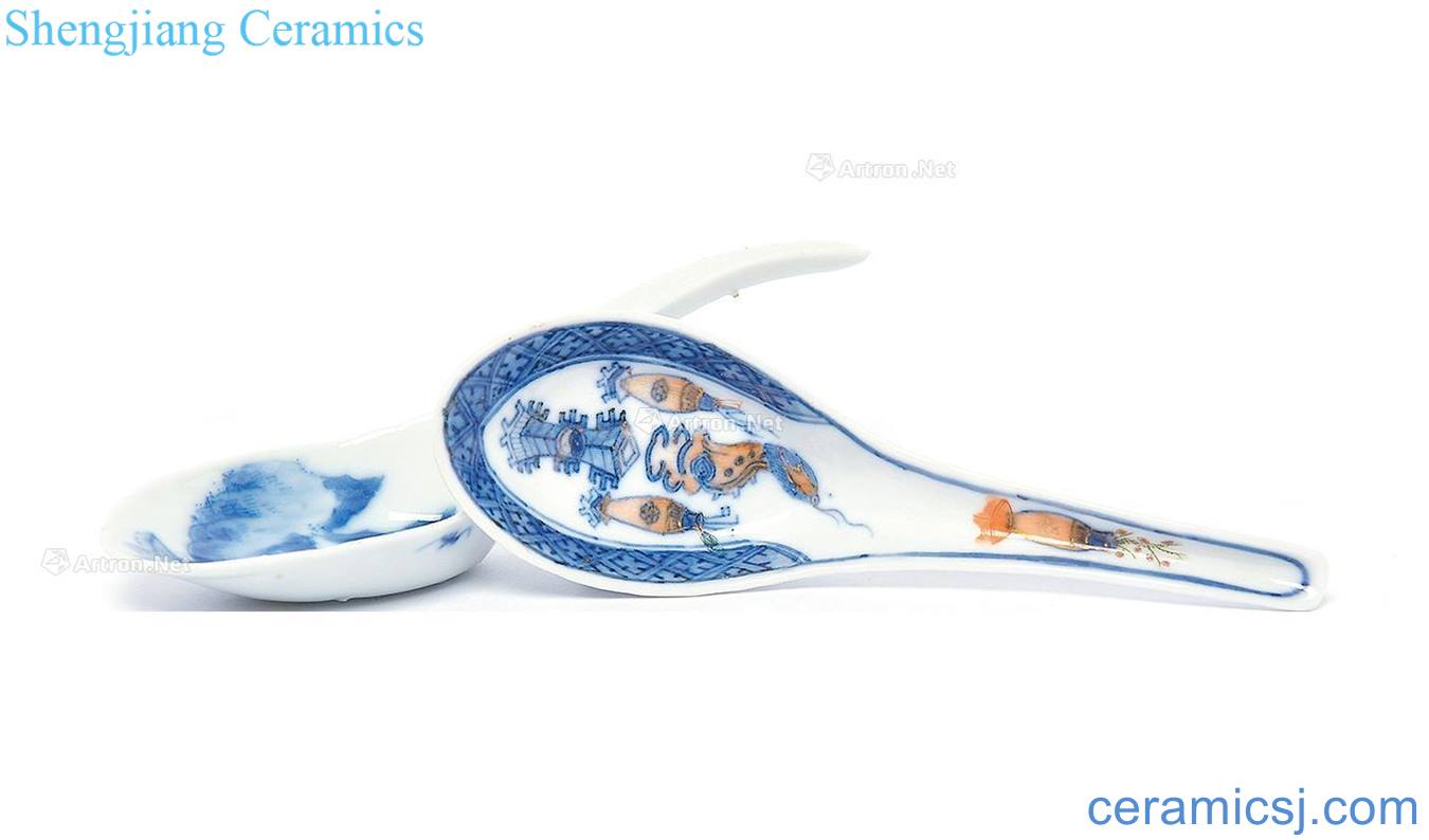 qing Blue and white landscape pattern key Blue and white coral red omen grain spoon (two parts)