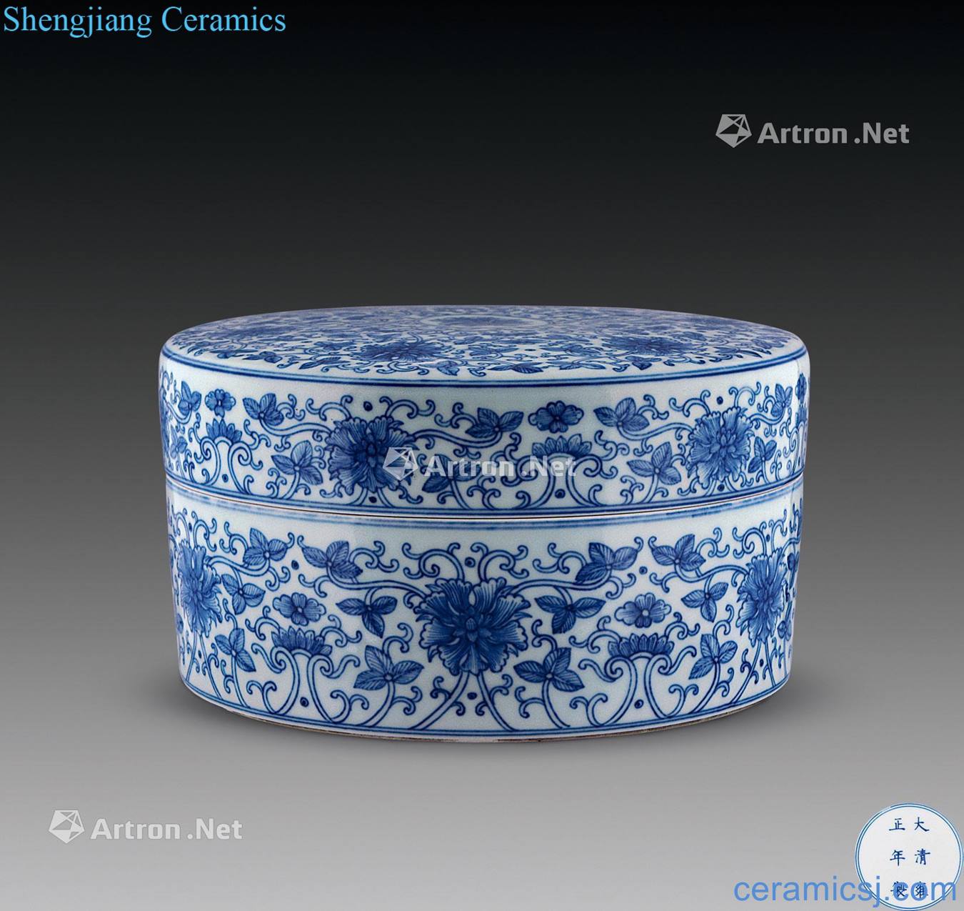 Qing yongzheng Blue and white tie up branch lines cover box flowers