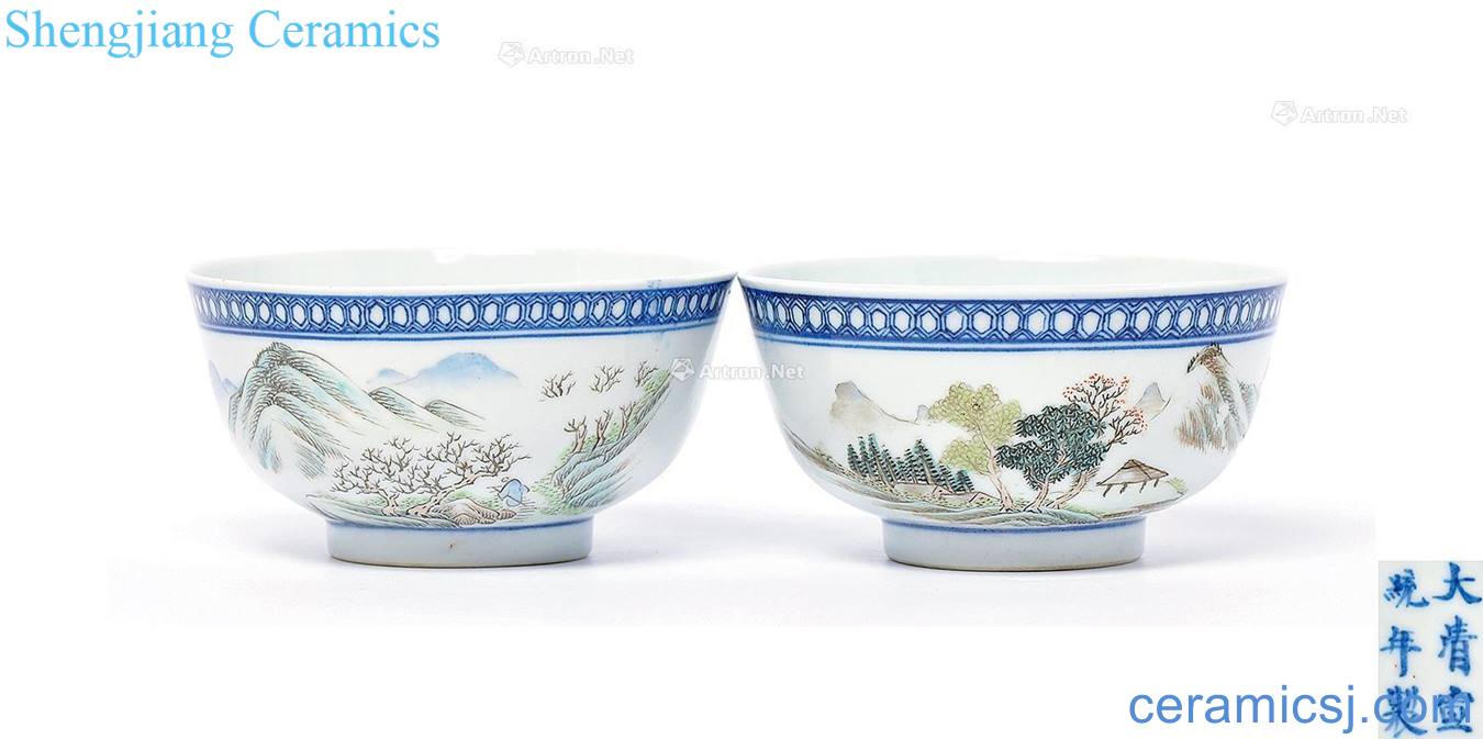 Qing xuantong Blue and white pastel landscape character bowl (a)