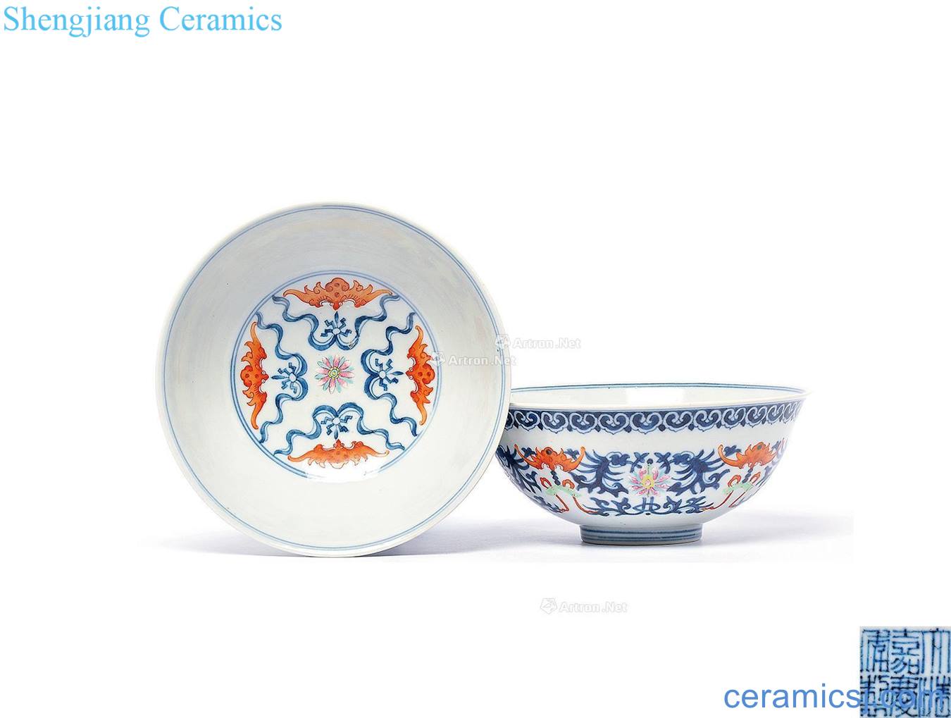 Qing jiaqing Blue and white enamel lotus f celebration green-splashed bowls (a)