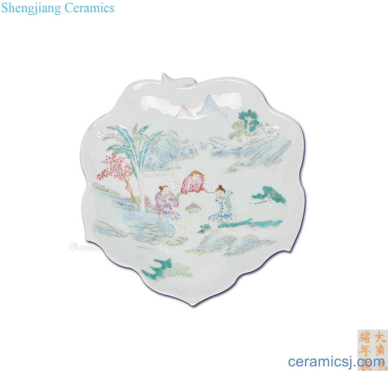 Pastel character reign of qing emperor guangxu leaf shape plate