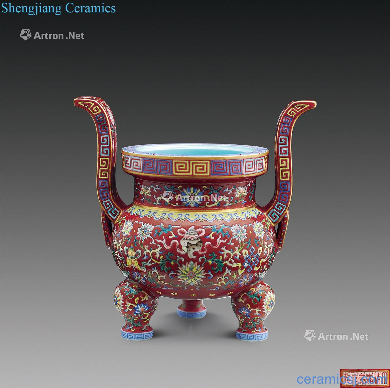 Qing jiaqing Carmine pastel sweet grain ears furnace with three legs