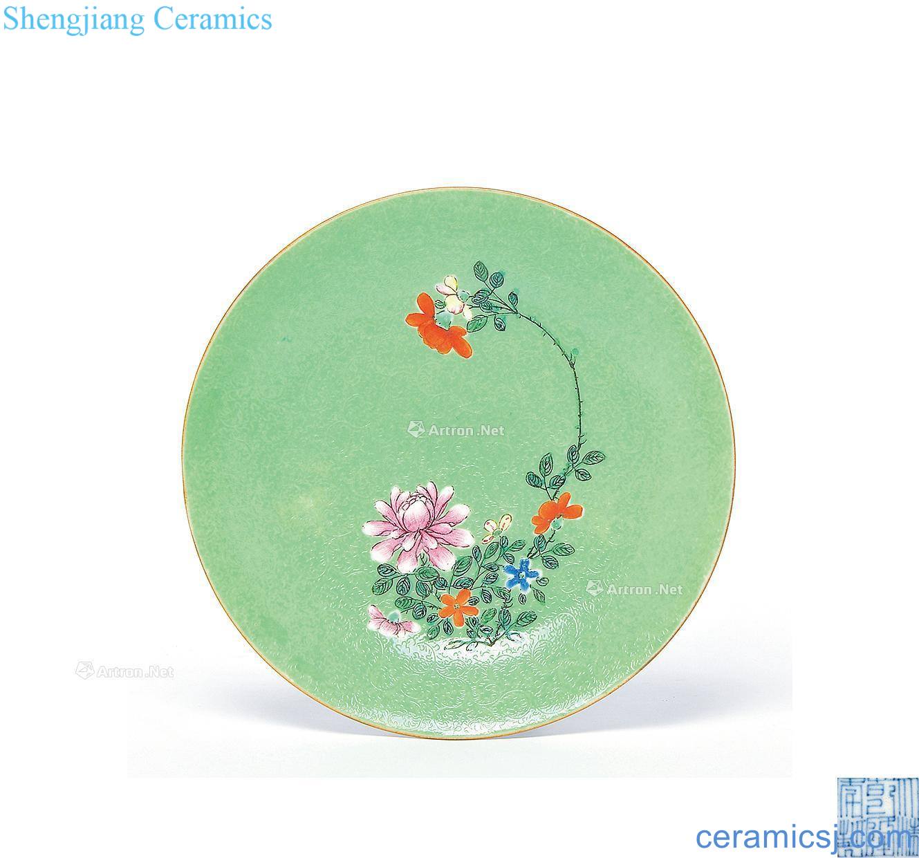 Qing qianlong pastel fold branch flowers grain dish green glaze