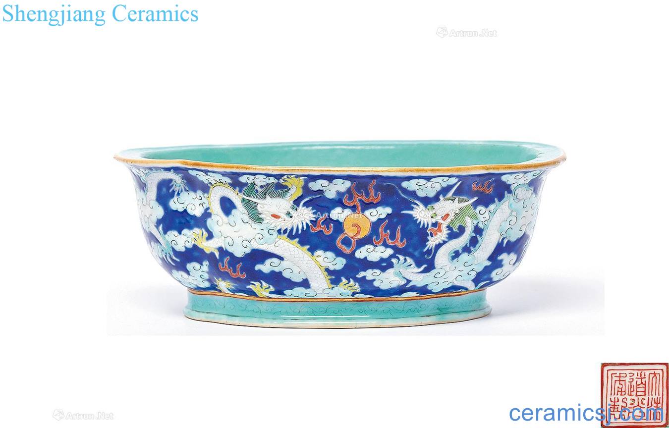 Clear light pastel colour blue YunLongWen haitang shape flower pot