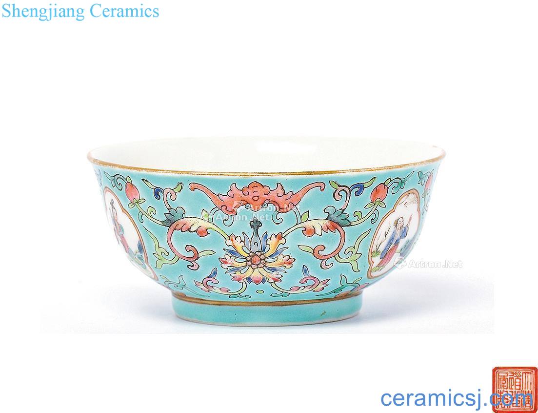 Clear light green glaze to bowl pastel flowers open window story characters