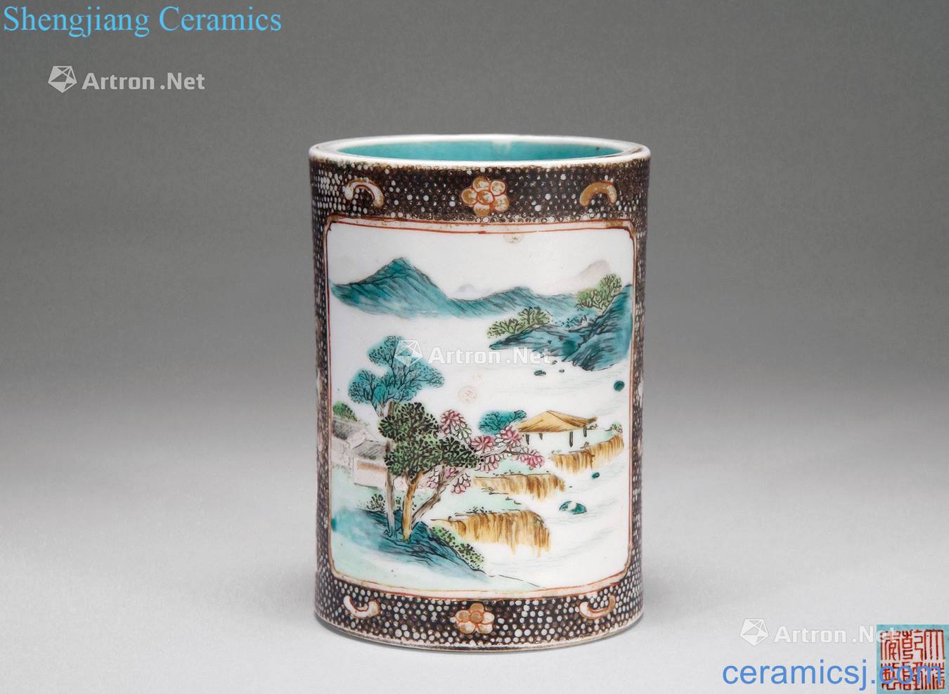 Qing qianlong B to pearl medallion pastel landscape poetry brush pot
