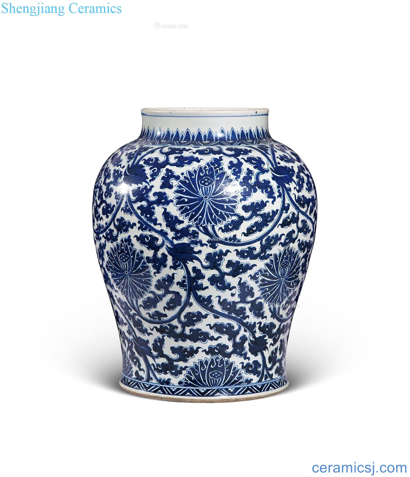 In the early qing Blue and white lotus flower general grain tank