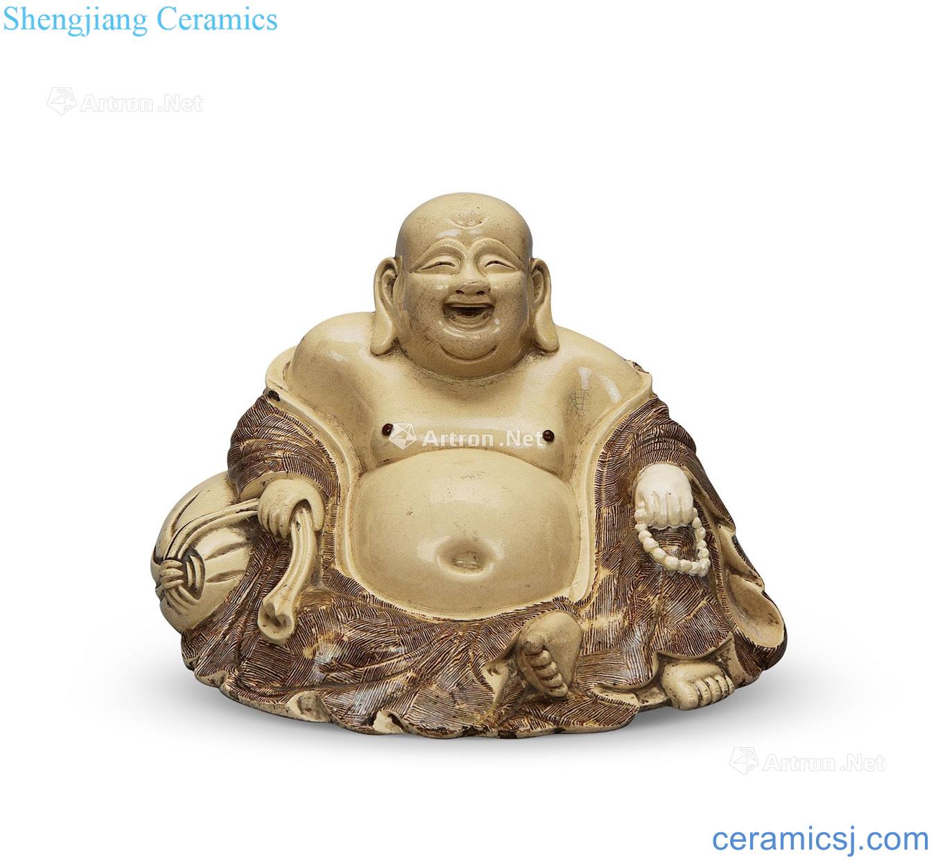 The late Ming dynasty Yellow glaze white clay ground tire bag Buddha