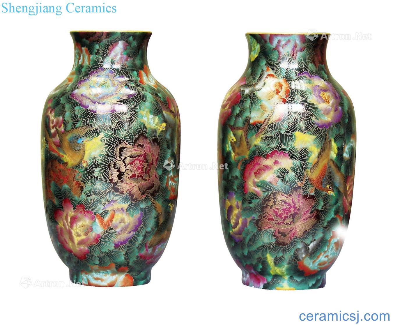 Qianlong elephant leg bottle colored enamel painting of flowers and birds