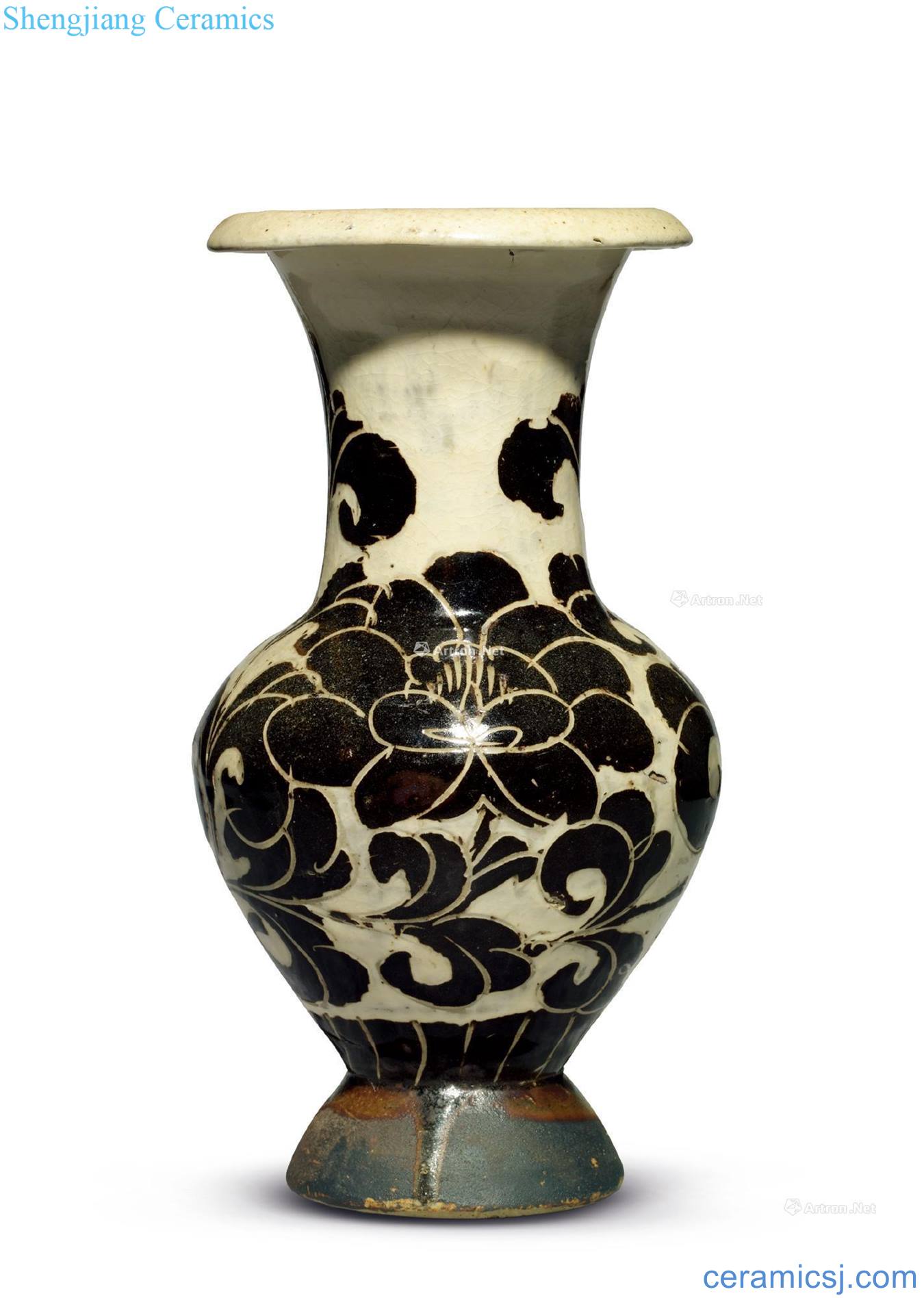 Northern song dynasty black/gold magnetic state kiln carved flower peony grains bottles