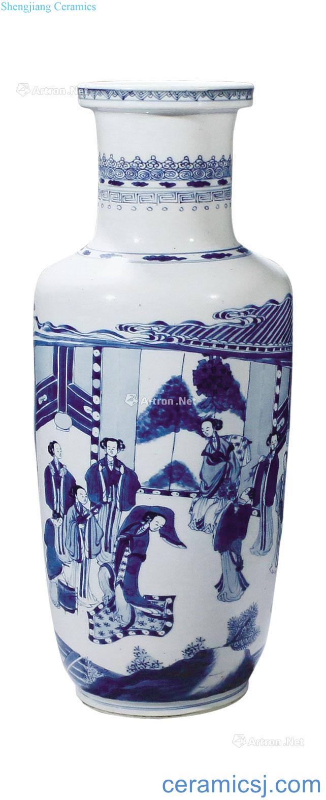 Blue and white temple play figure who bottle
