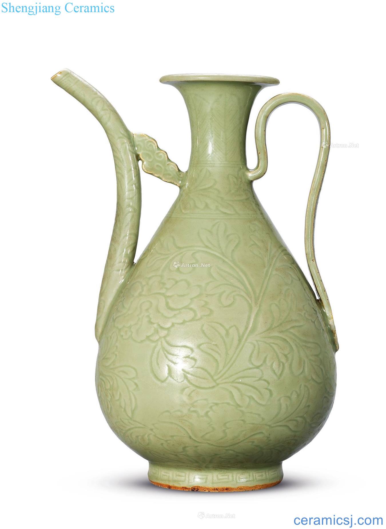 Ming Longquan green glaze carving peony lines ewer