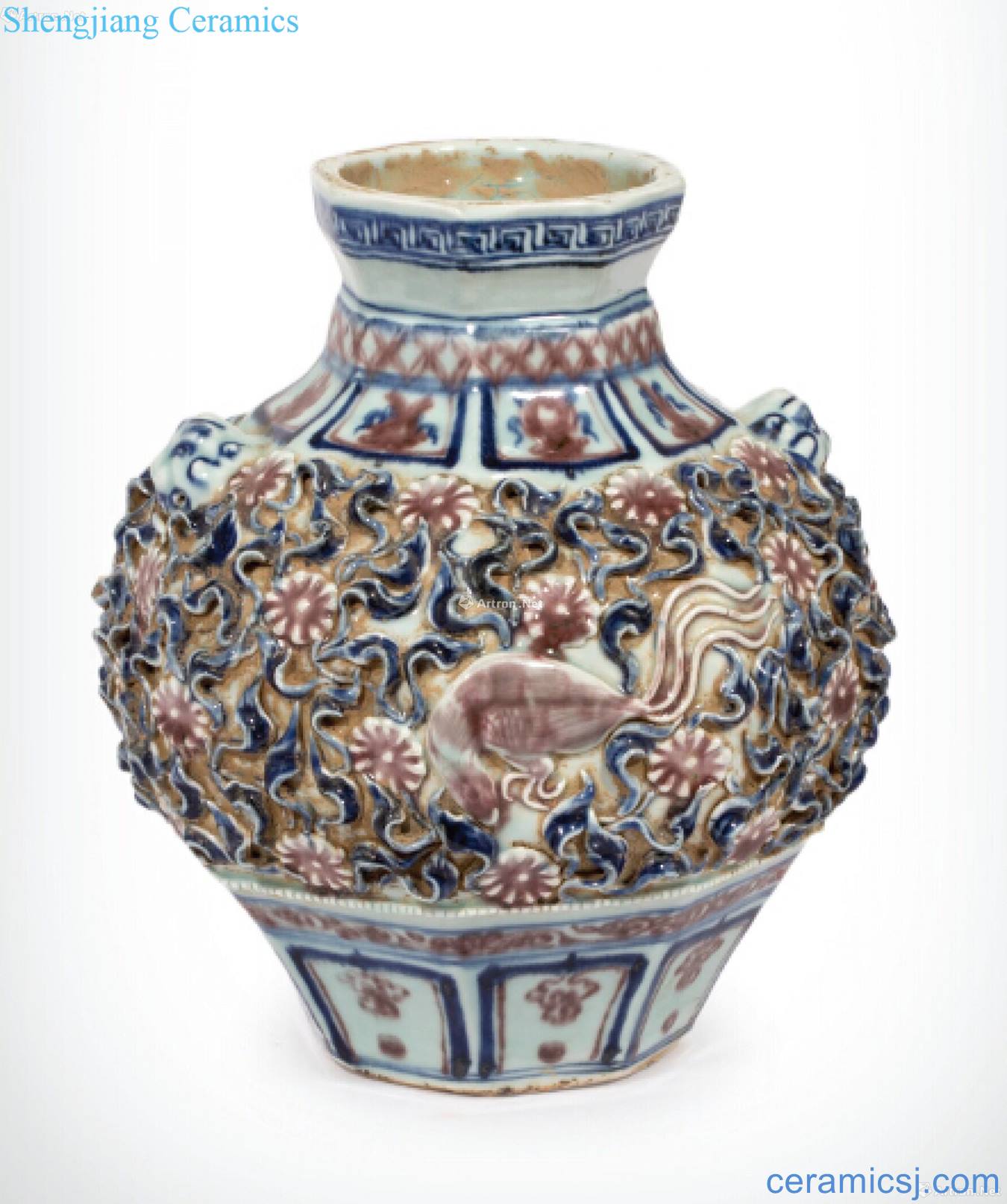 Blue and white youligong grain carved porcelain jar