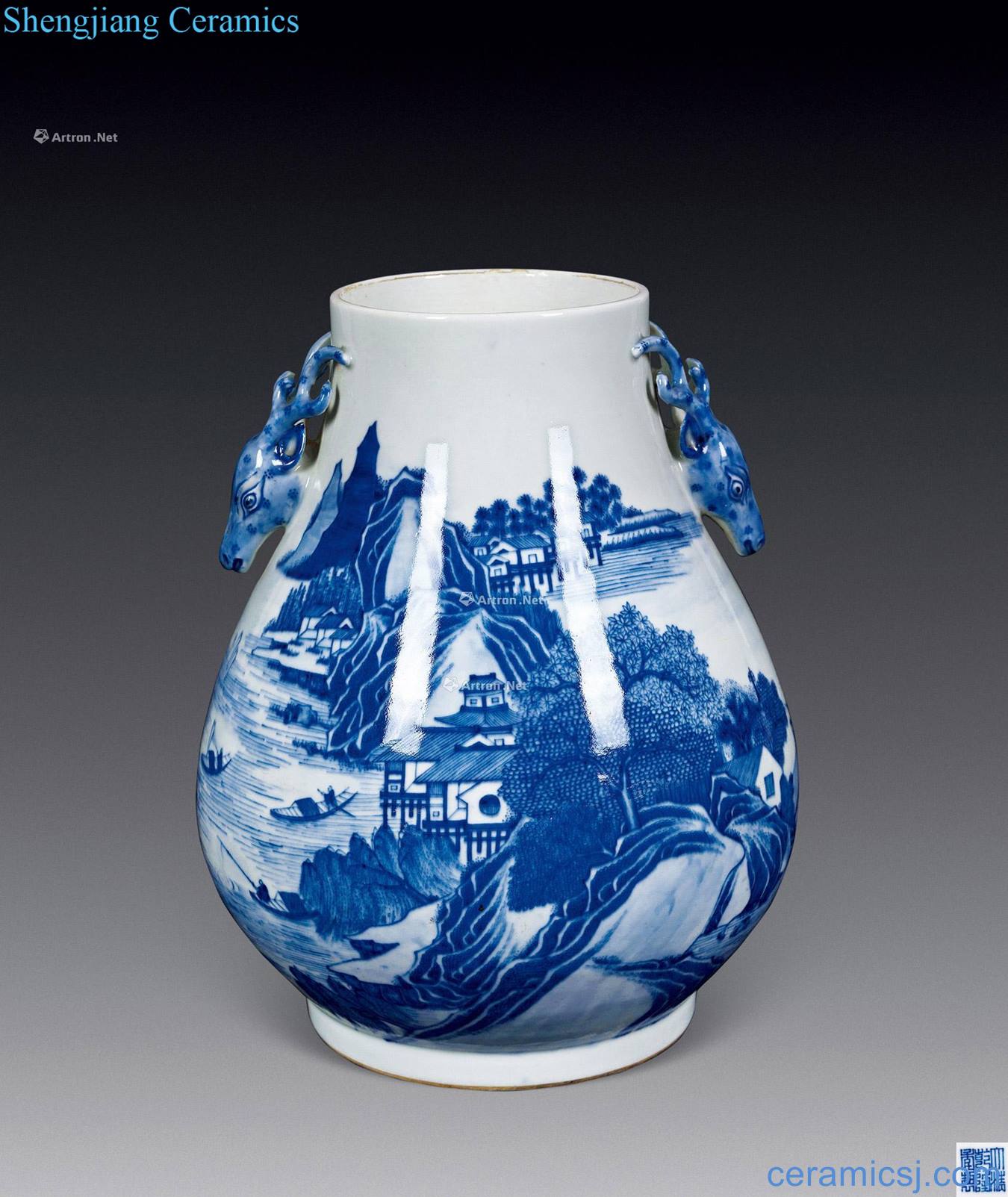 The late qing dynasty Blue and white landscape character deer head ears