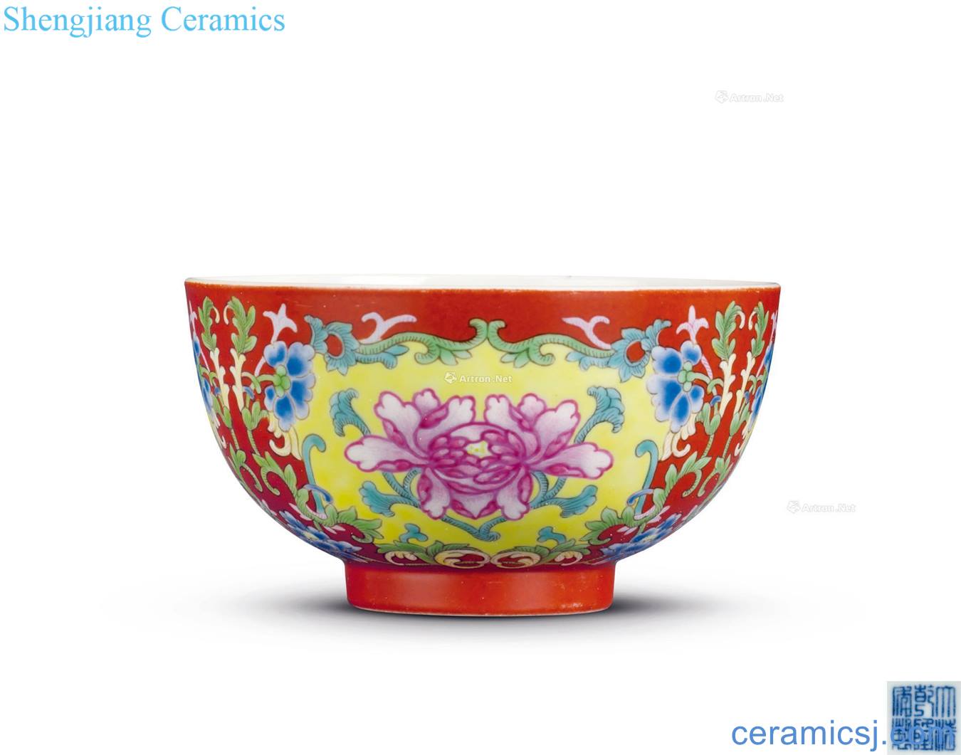 Qing qianlong coral red enamel 盌 medallion peony pattern
