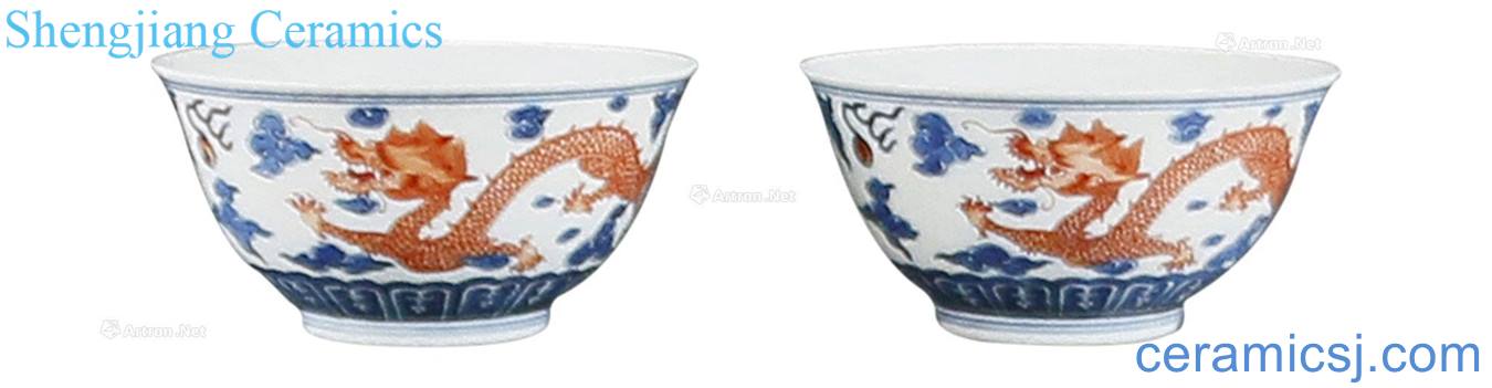 Blue and white alum red dragon grain dishes