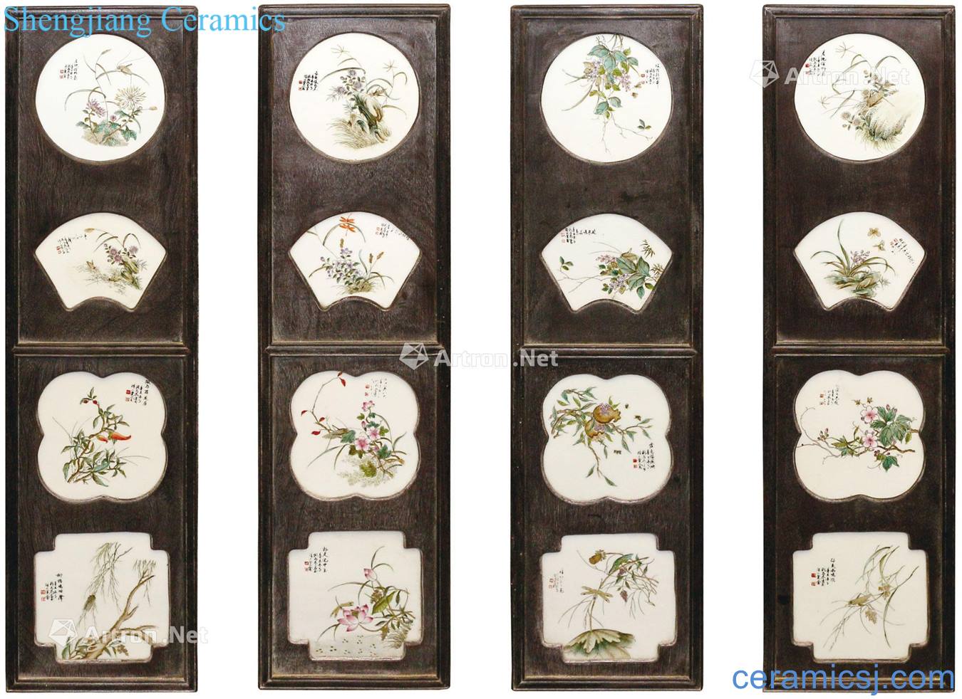 Porcelain painting of flowers and birds grain four screen