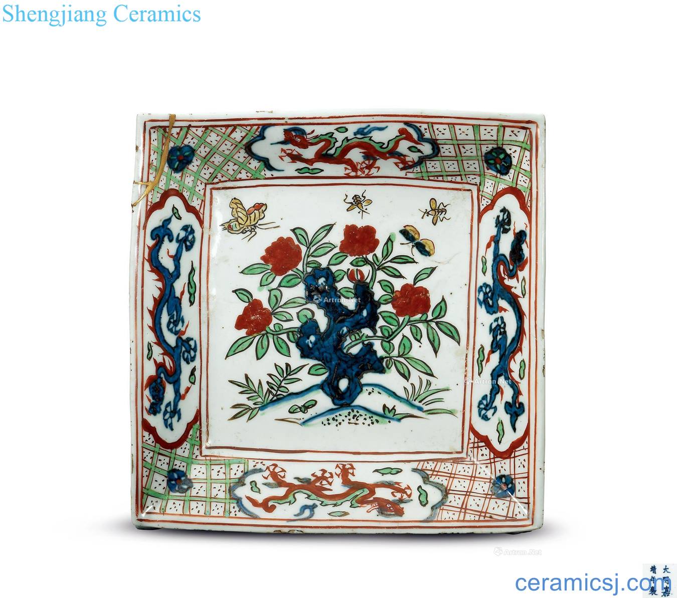 Ming jiajing Colorful peony grain square plate