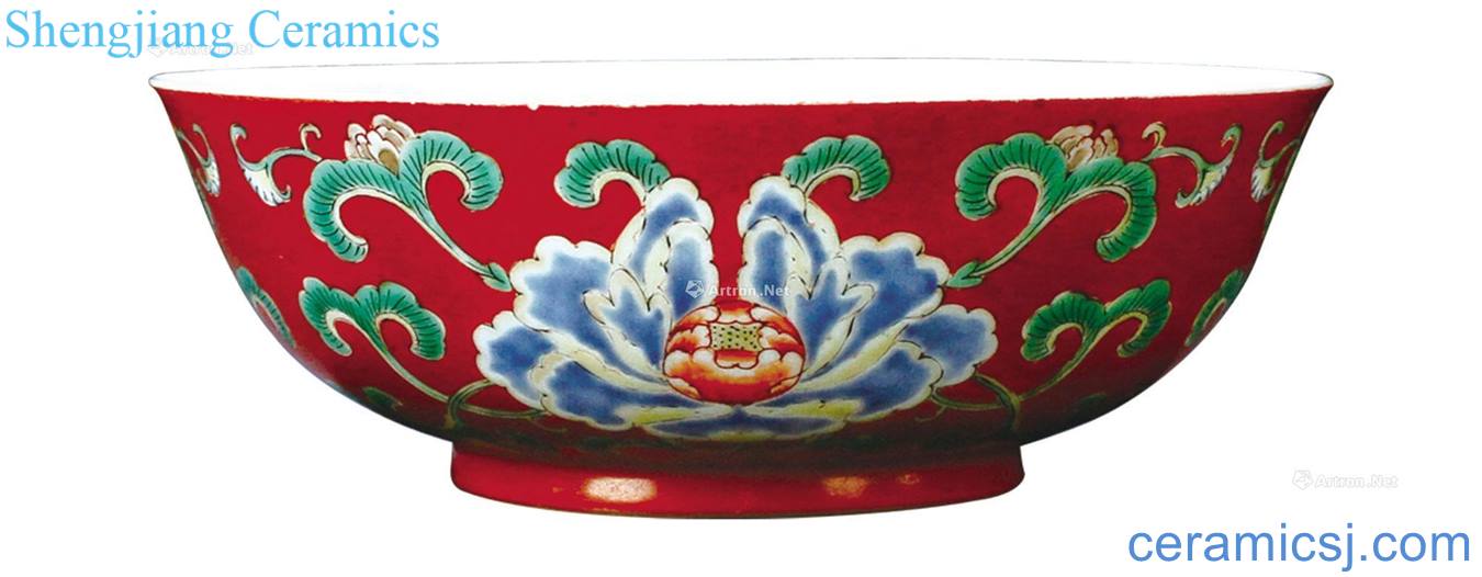 Coral red colored enamel peony green-splashed bowls