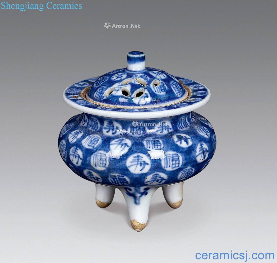 In the early qing Blue and white fu lu shou wen incense burner with three legs