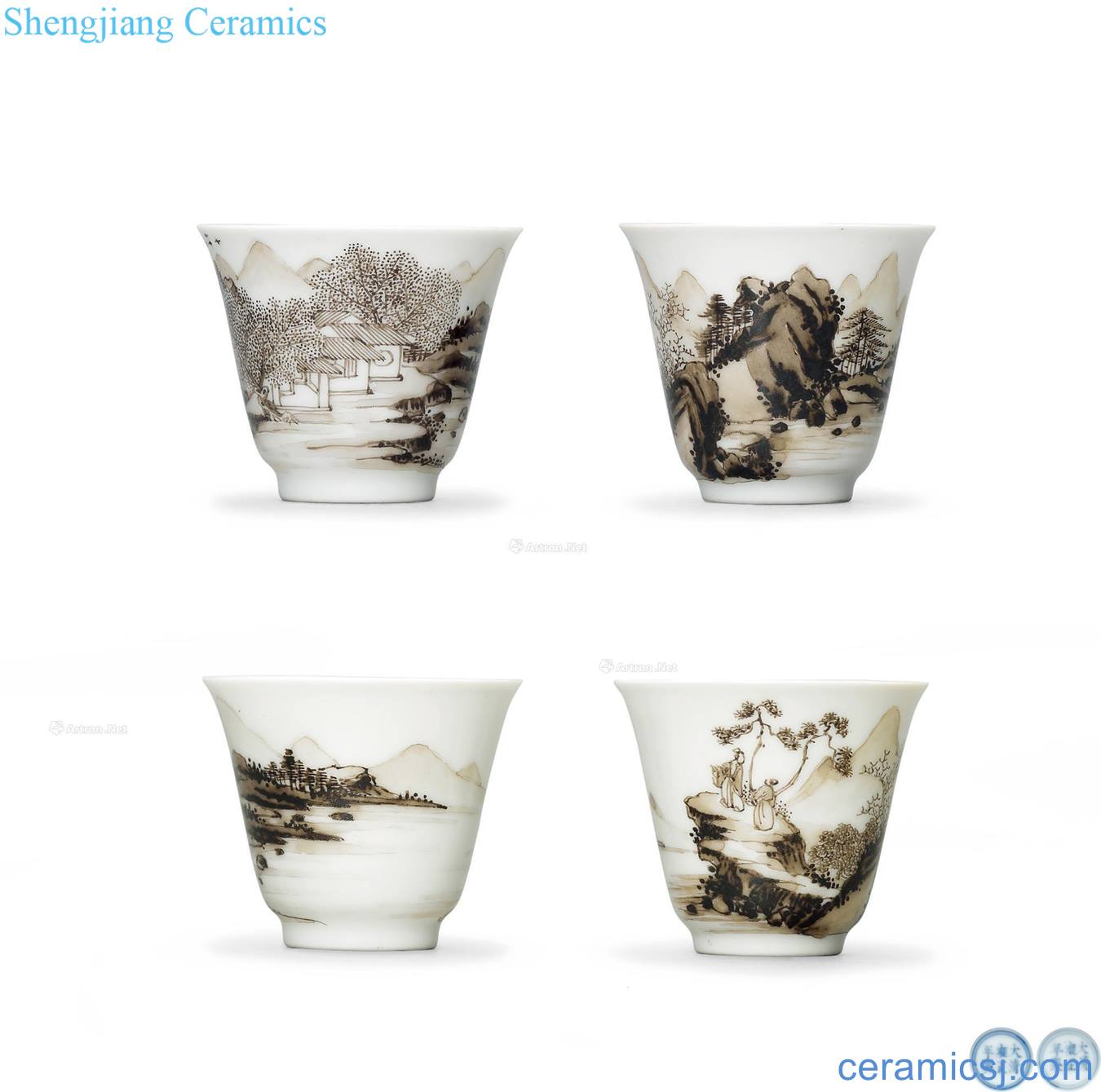 Qing yongzheng ochre color ink landscape figure glass (a)