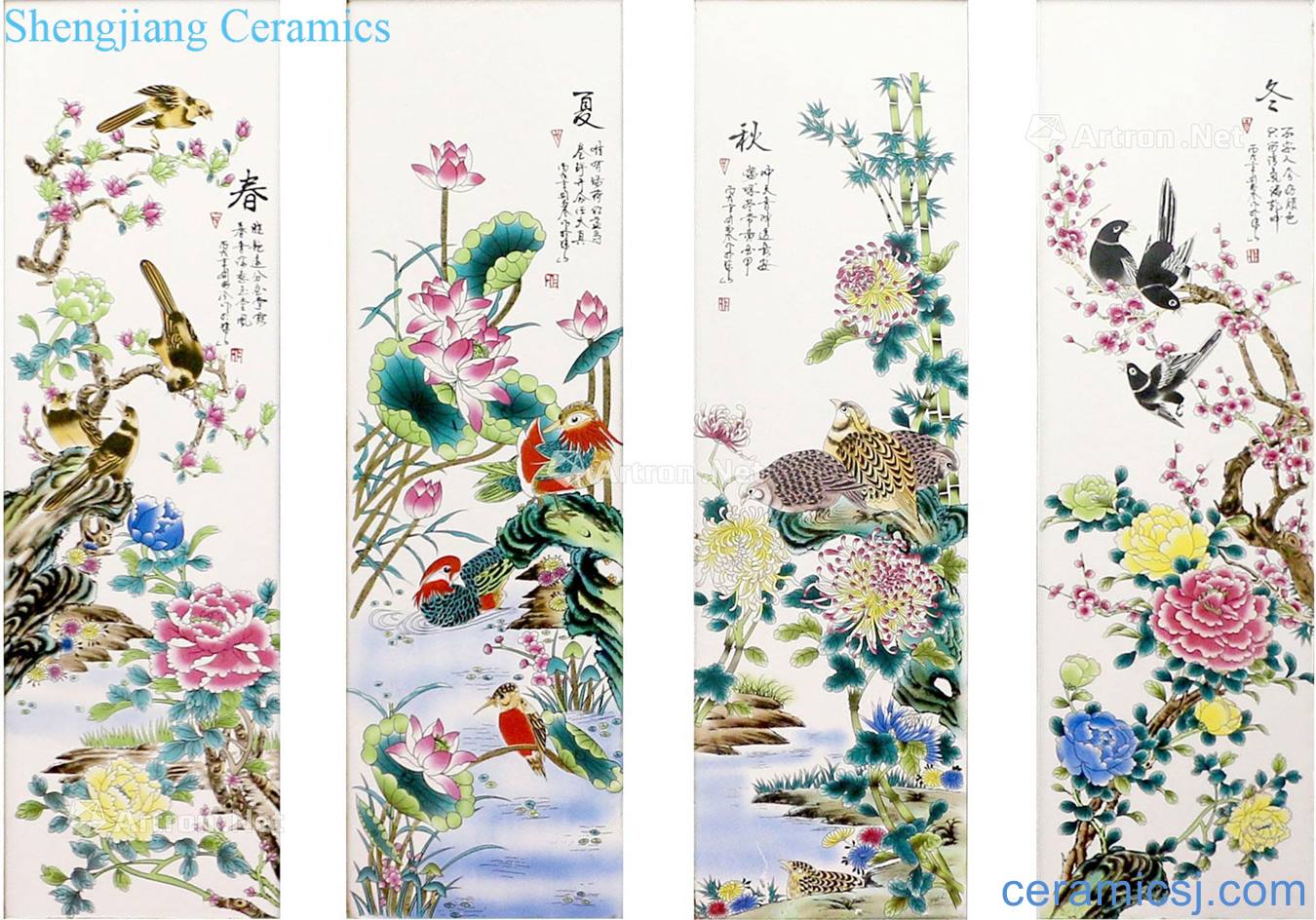 Porcelain plate painting "spring, summer, autumn and winter flower on grain four screen"