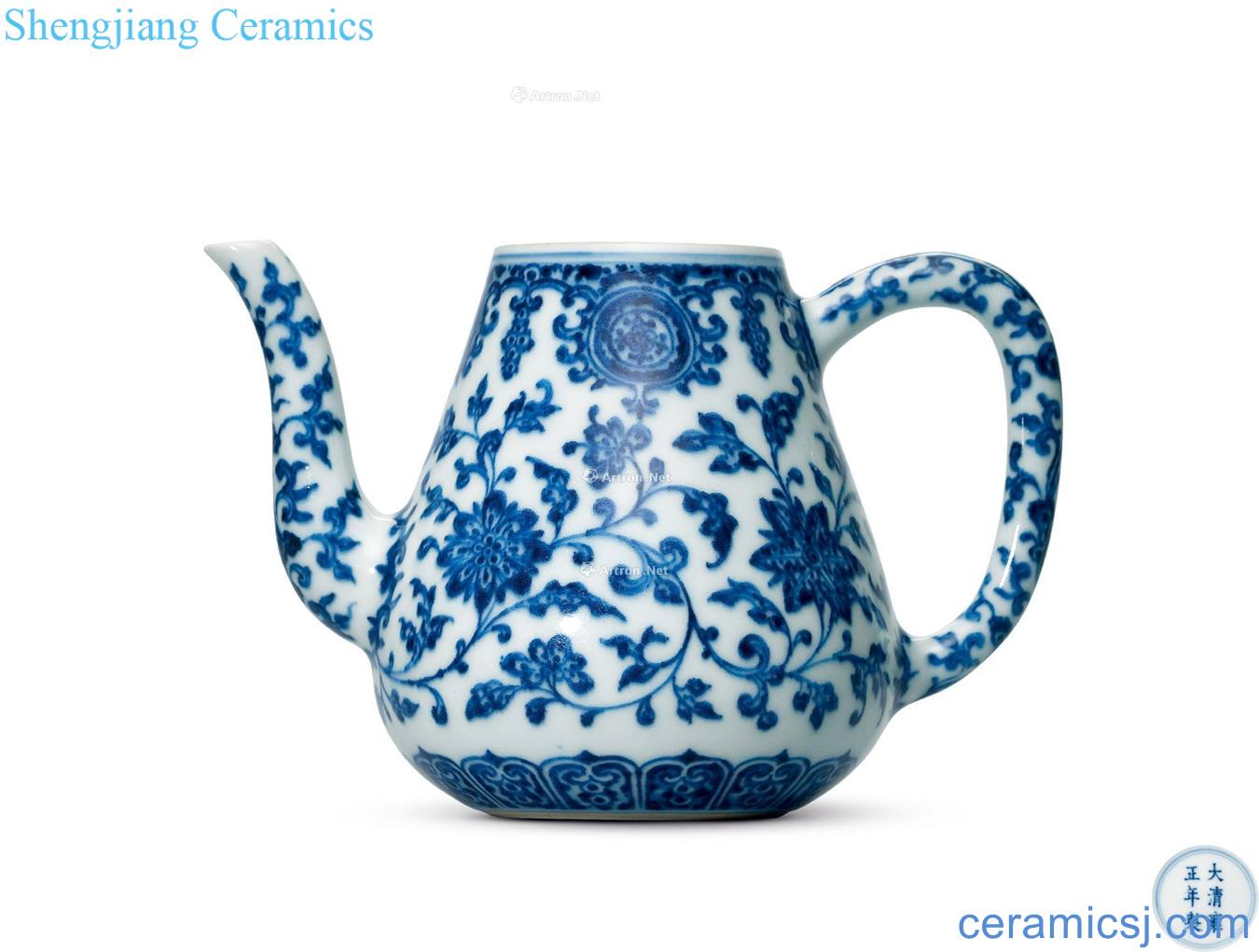 Qing yongzheng Blue and white tie up branch lines ewer flowers