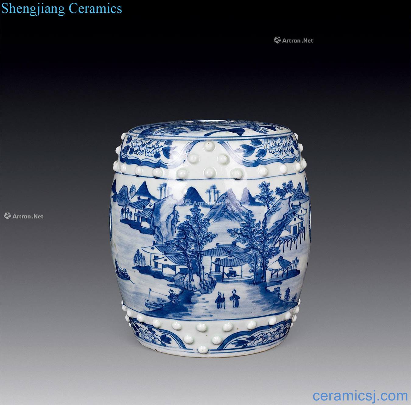Mid qing Blue and white landscape character of nails drum 櫈