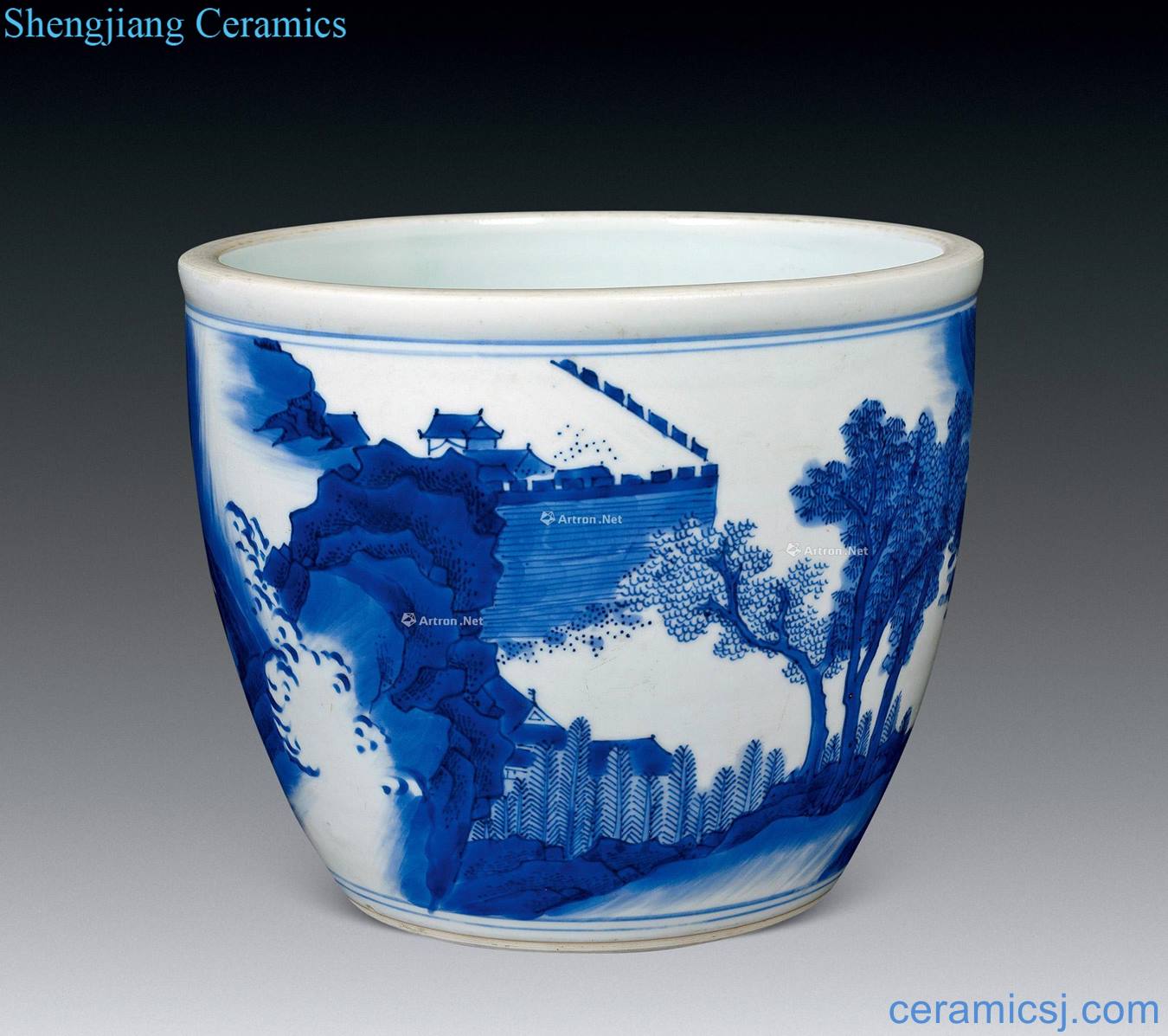 Ming chongzhen Blue and white landscape character cylinder