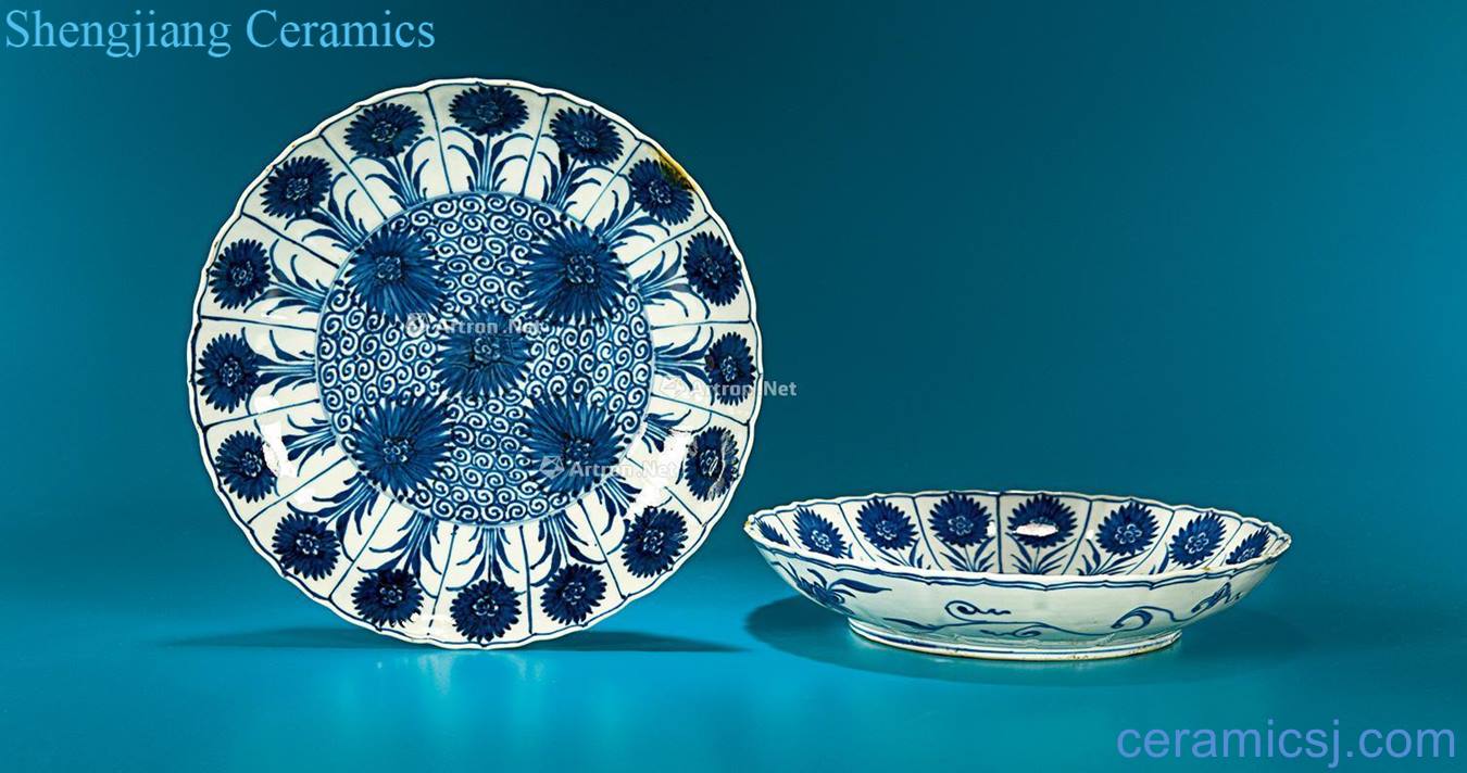 In the 18th century Blue and white chrysanthemum wen ling mouth plate (a)