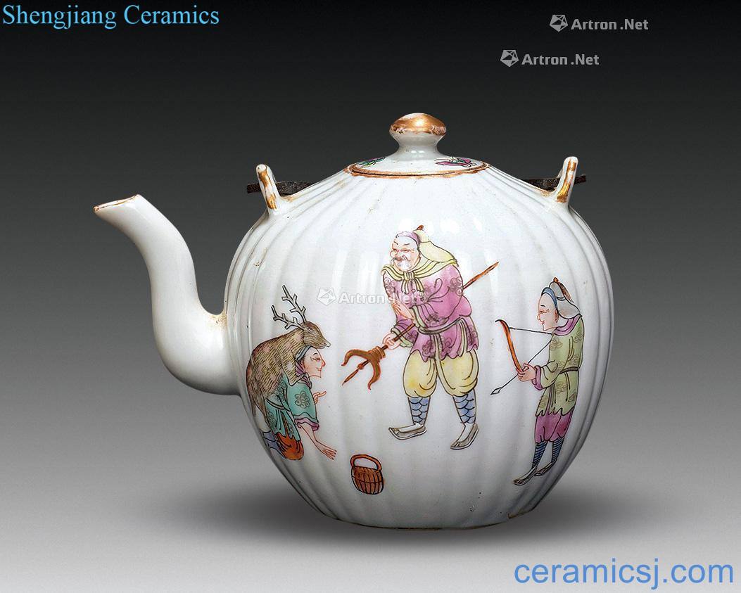 In late qing pastel hunting figure melon leng pot (a)